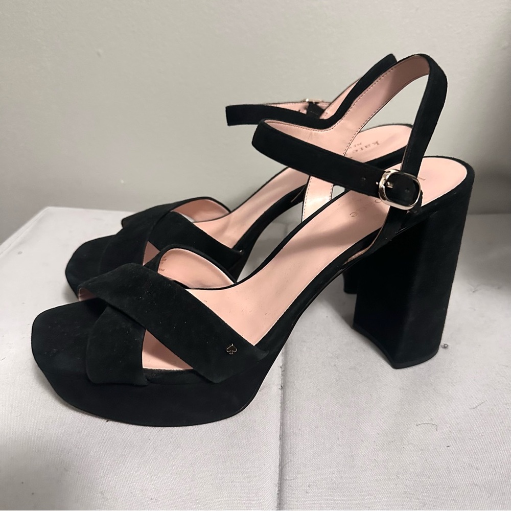 Kate Spade Delphi Faux Suede Platform Open Toe Sandal Heels Black Women 11 - Picture 2 of 7